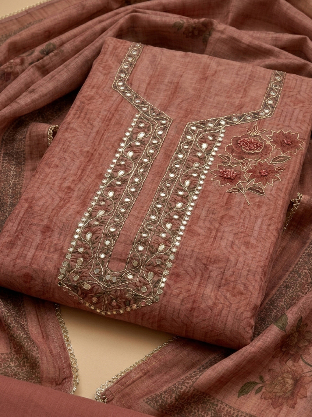 Peach Embroidery Chanderi Unstitched Dress Material