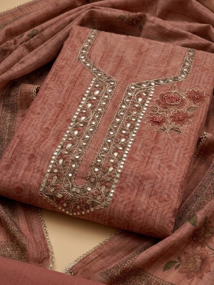Peach Embroidery Chanderi Unstitched Dress Material