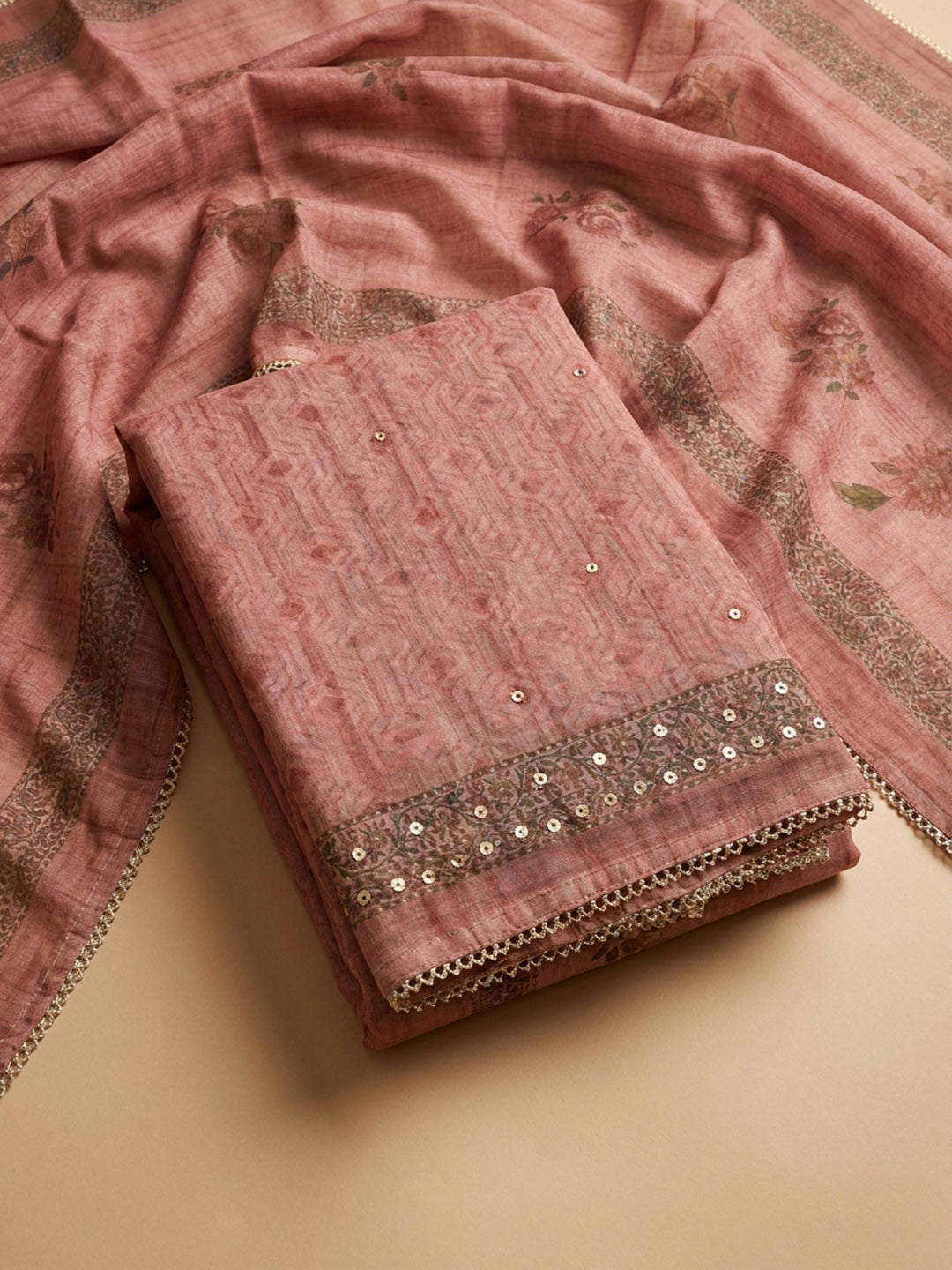 Peach Embroidery Chanderi Unstitched Dress Material
