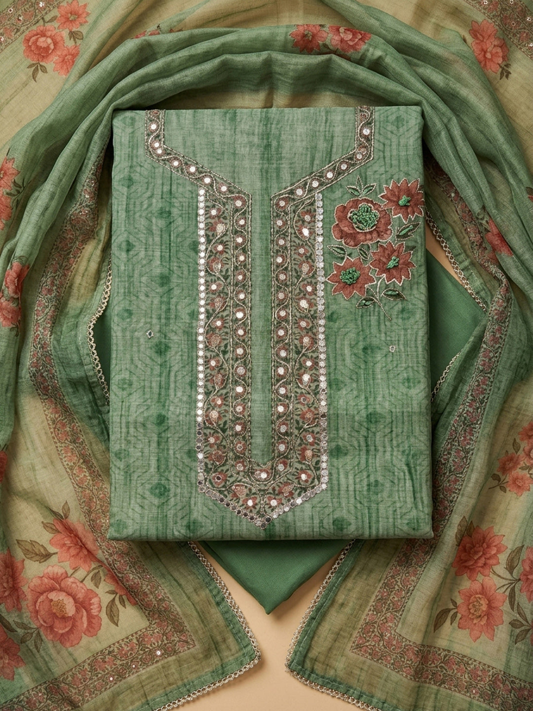 Pista Green Embroidery Chanderi Unstitched Dress Material