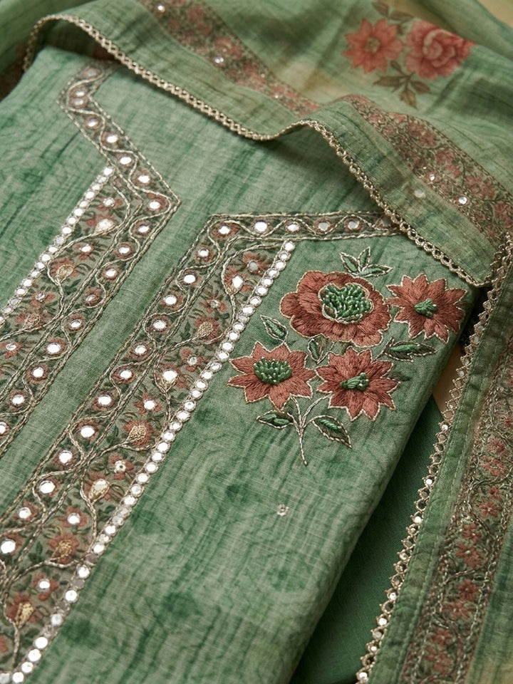 Pista Green Embroidery Chanderi Unstitched Dress Material