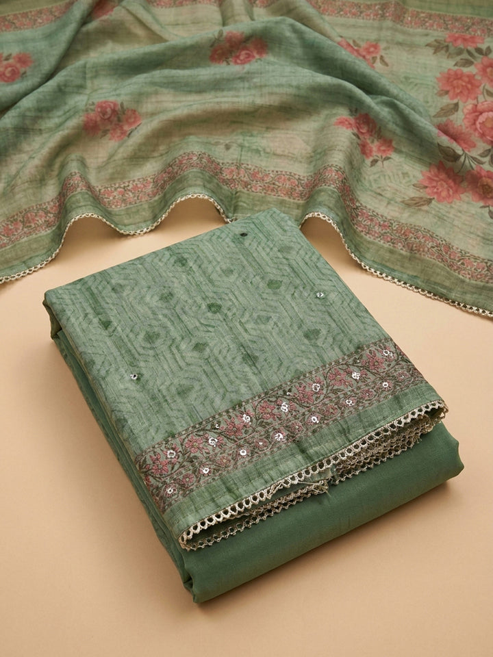 Pista Green Embroidery Chanderi Unstitched Dress Material