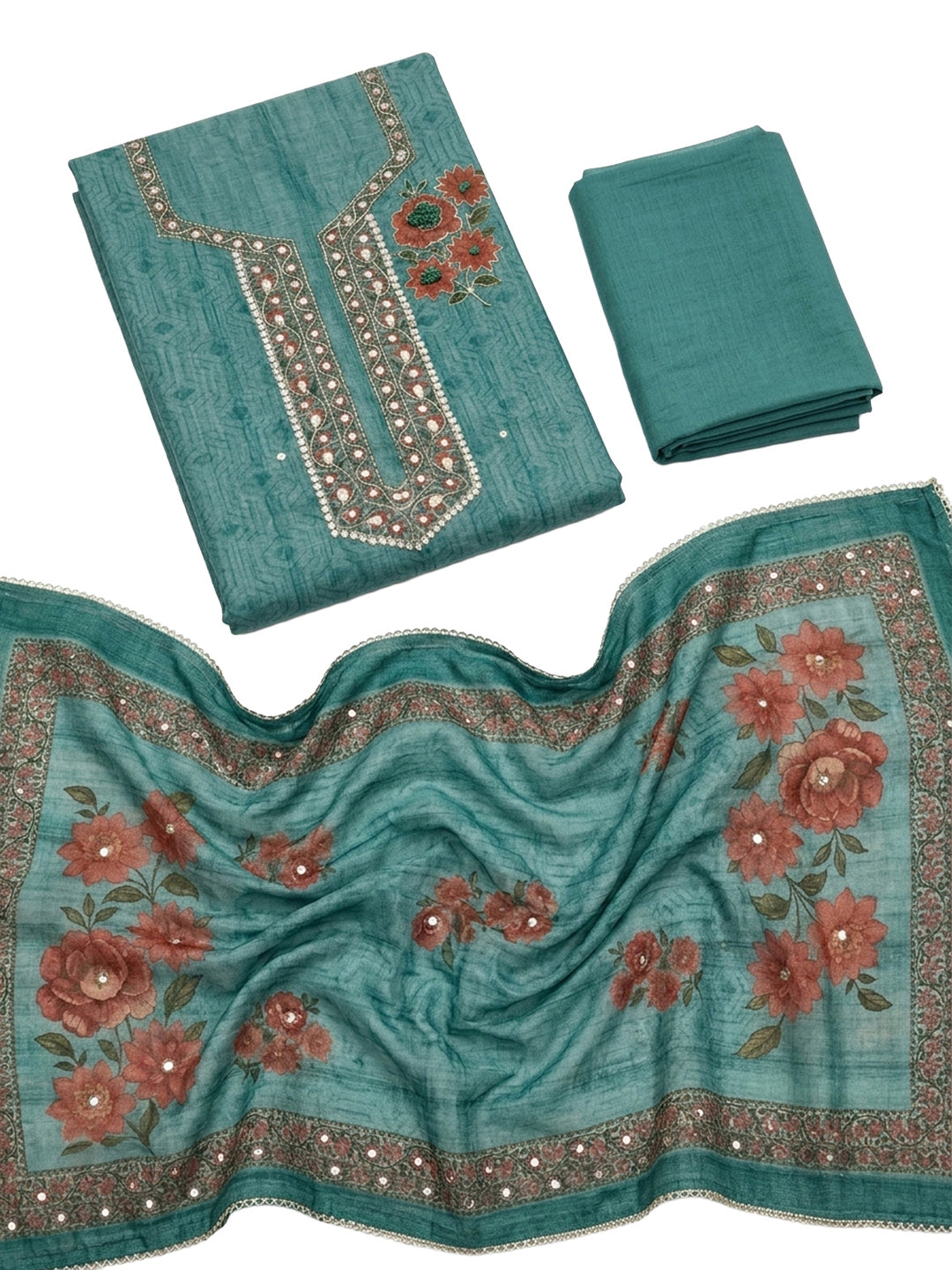 Rama Green Embroidery Chanderi Unstitched Dress Material