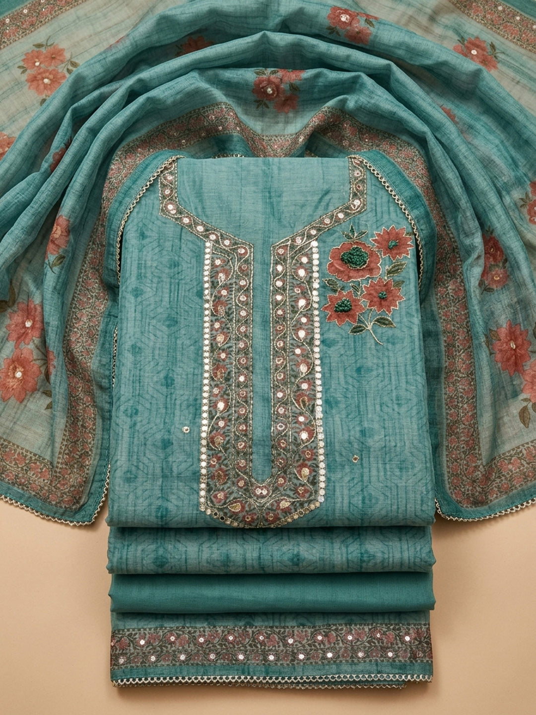 Rama Green Embroidery Chanderi Unstitched Dress Material