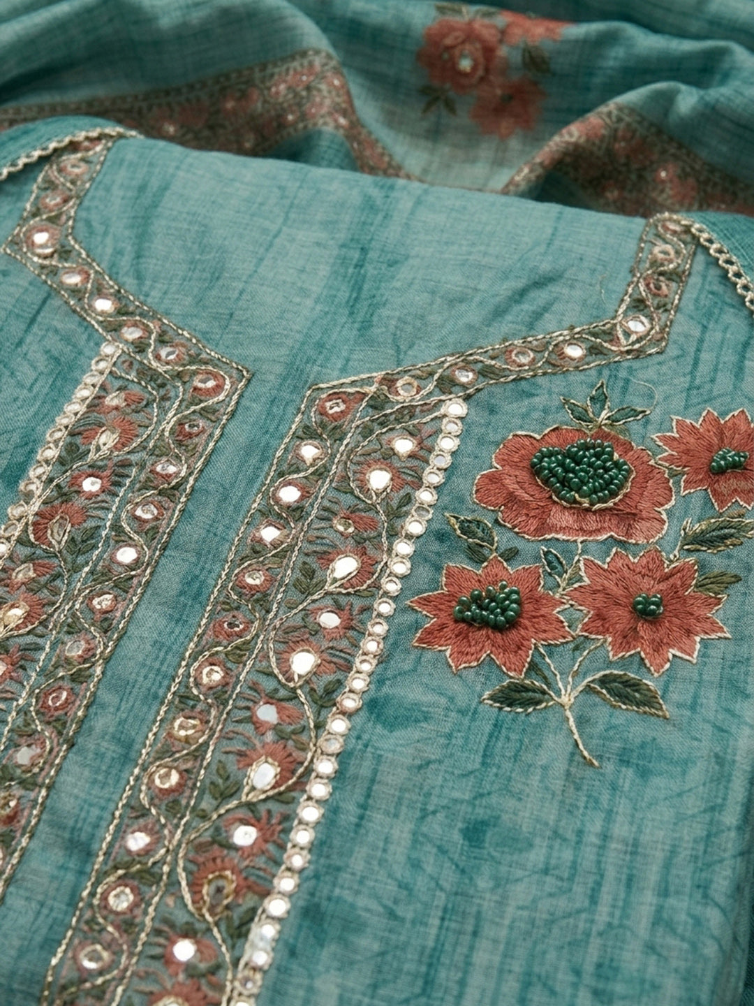 Rama Green Embroidery Chanderi Unstitched Dress Material