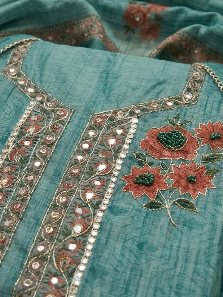 Rama Green Embroidery Chanderi Unstitched Dress Material