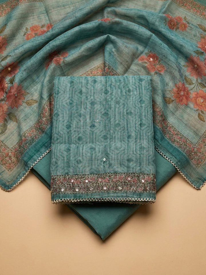 Rama Green Embroidery Chanderi Unstitched Dress Material
