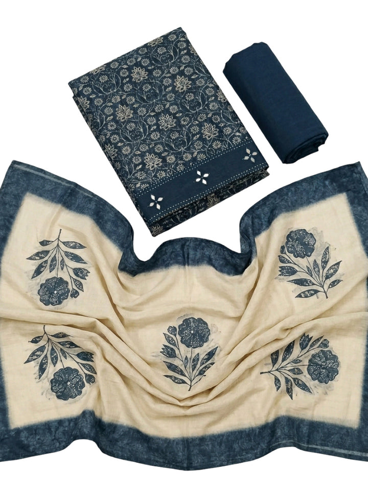 Navy Blue Printed Chanderi Unstitched Dress Material
