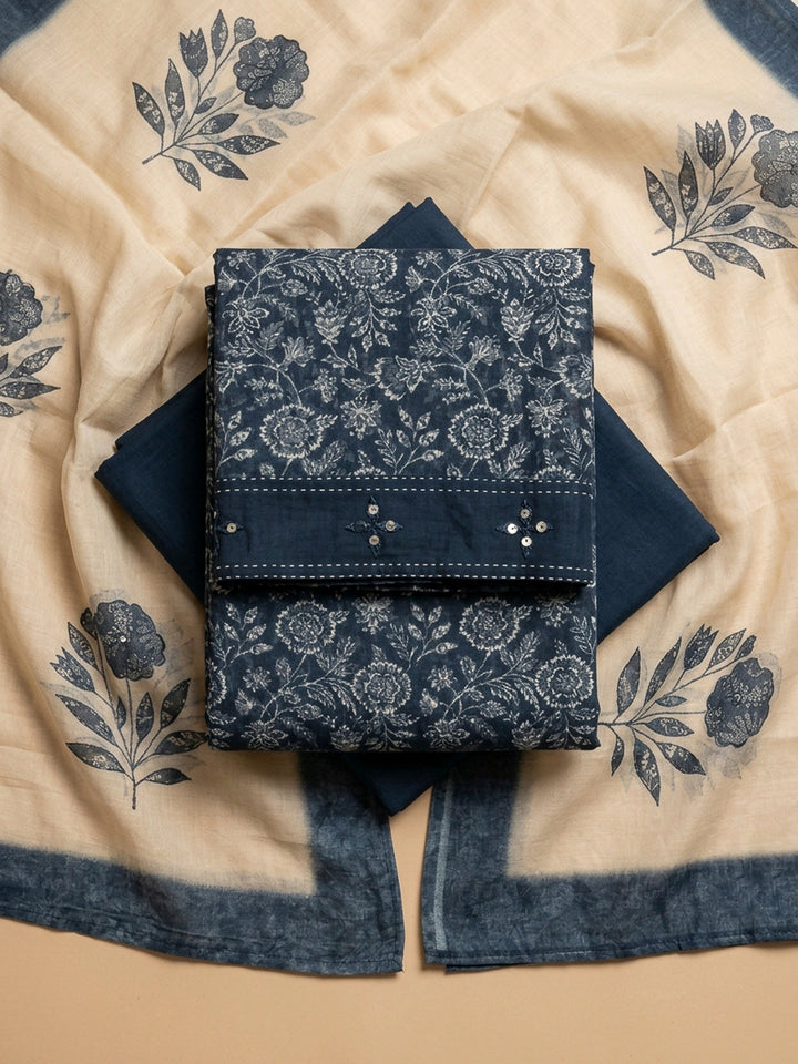 Navy Blue Printed Chanderi Unstitched Dress Material