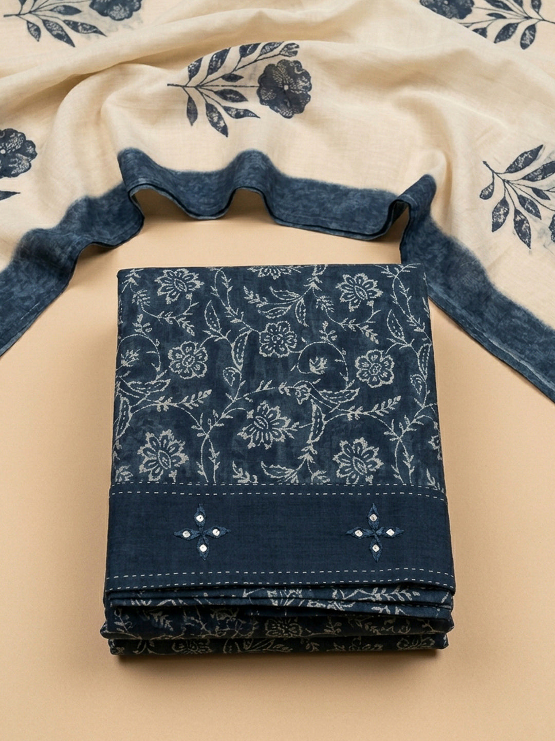 Navy Blue Printed Chanderi Unstitched Dress Material