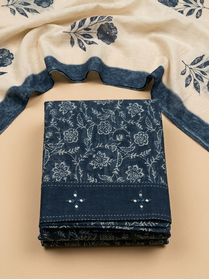 Navy Blue Printed Chanderi Unstitched Dress Material