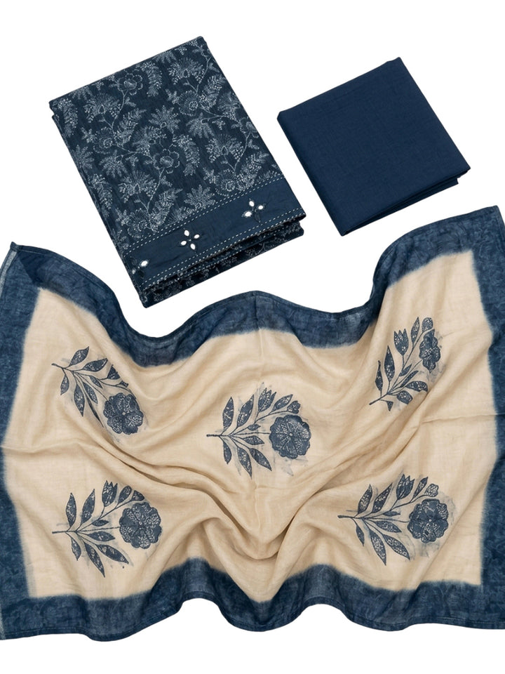 Navy Blue Printed Chanderi Unstitched Dress Material