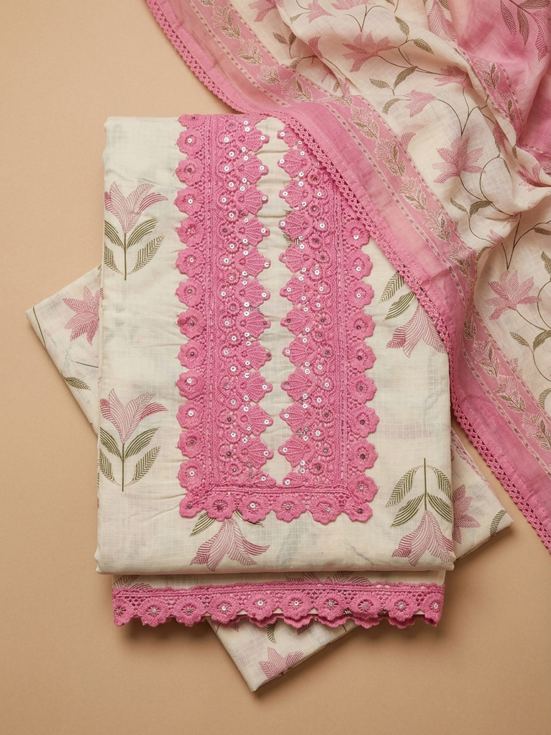 Pink Embroidery Cotton Blend Unstitched Dress Material