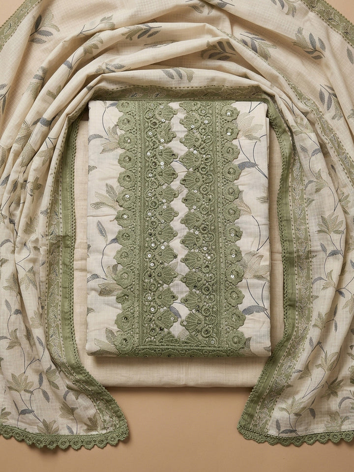 Pista Green Embroidery Cotton Blend Unstitched Dress Material
