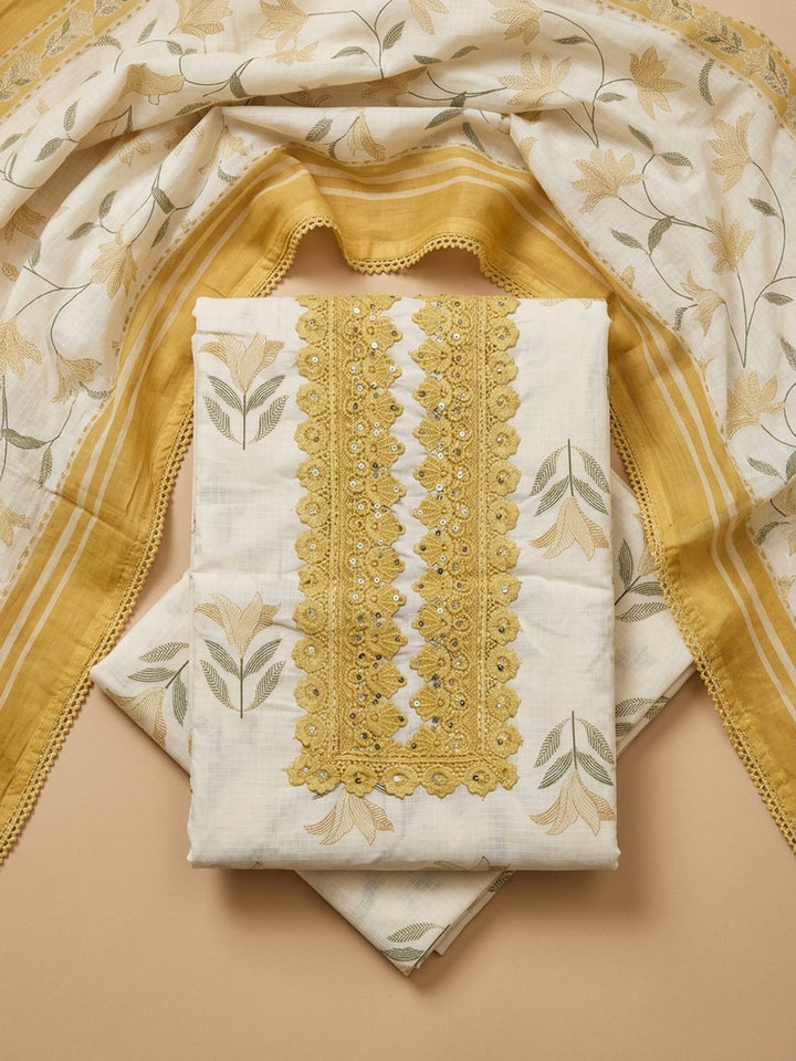 Yellow Embroidery Cotton Blend Unstitched Dress Material