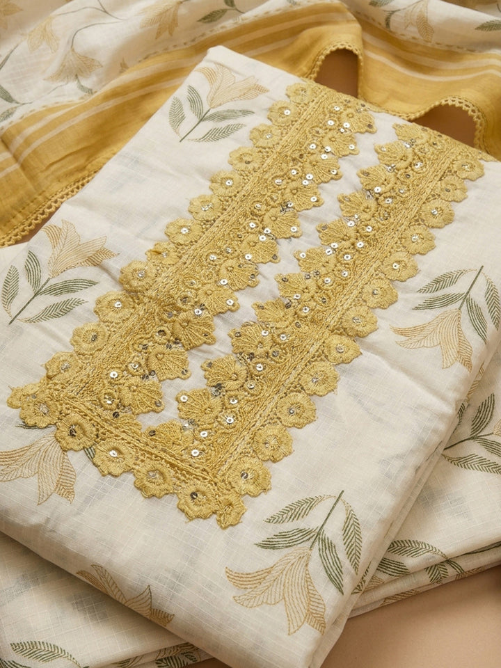 Yellow Embroidery Cotton Blend Unstitched Dress Material