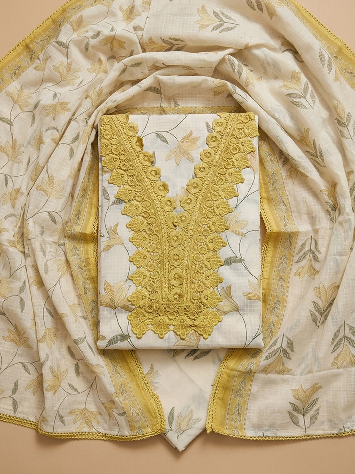 Mustard Embroidery Cotton Blend Unstitched Dress Material