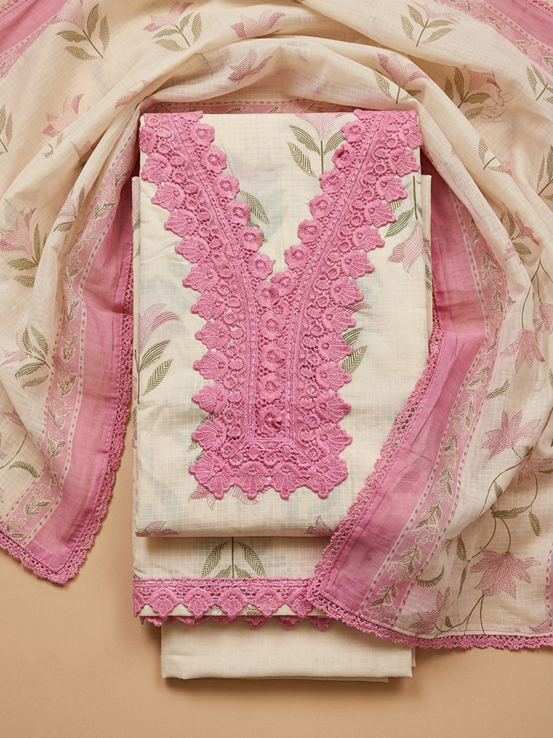 Pink Embroidery Cotton Blend Unstitched Dress Material