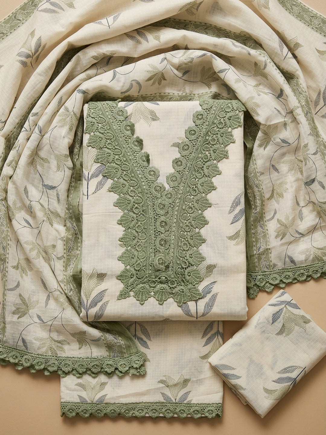 Pista Green Embroidery Cotton Blend Unstitched Dress Material