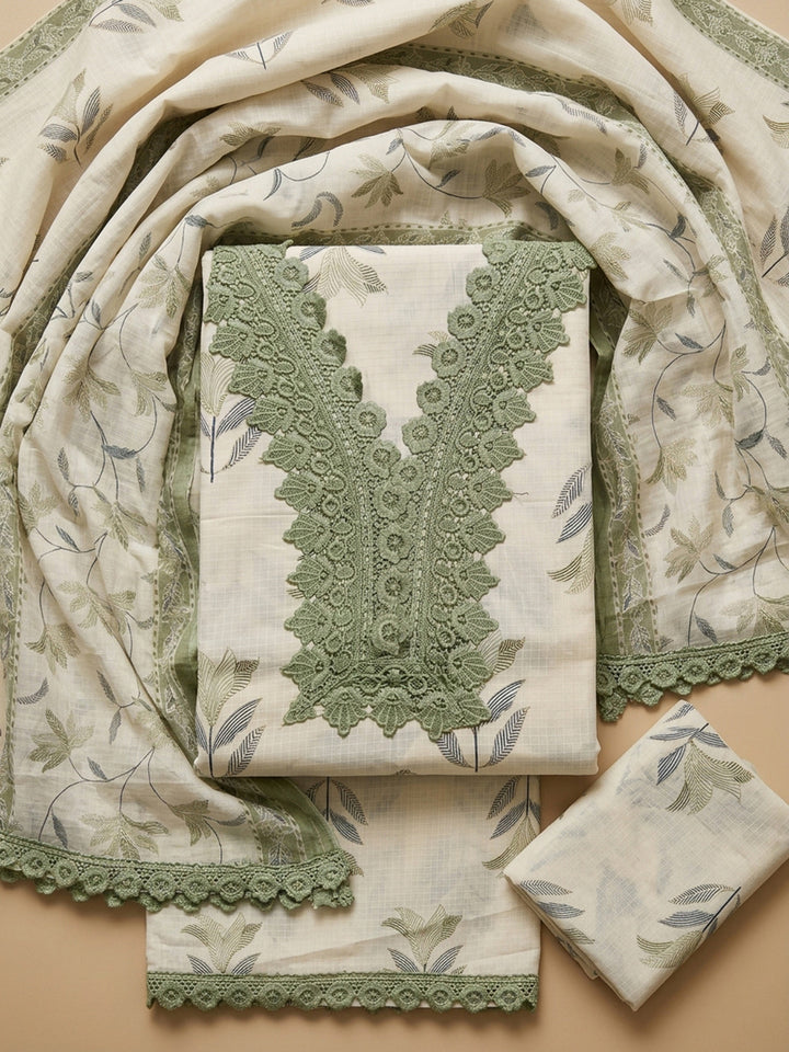 Pista Green Embroidery Cotton Blend Unstitched Dress Material