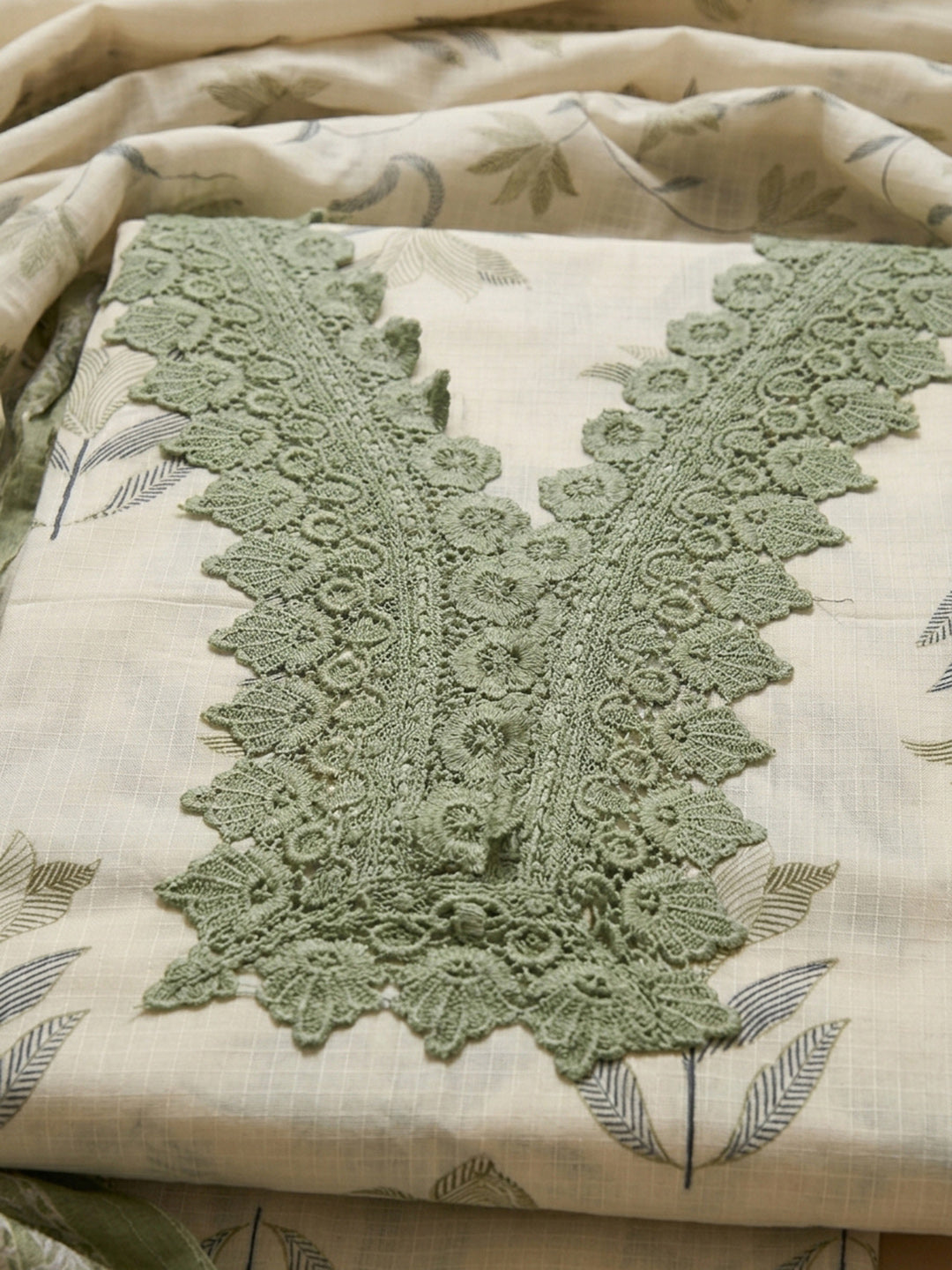 Pista Green Embroidery Cotton Blend Unstitched Dress Material