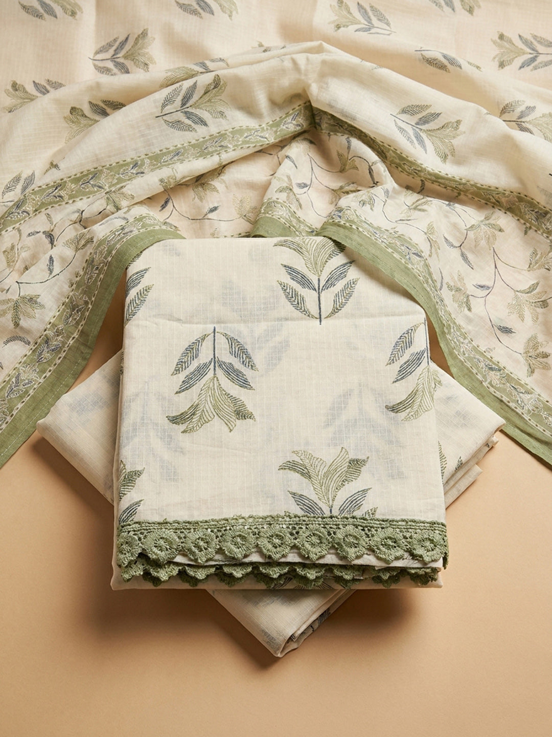 Pista Green Embroidery Cotton Blend Unstitched Dress Material