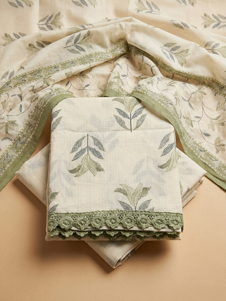Pista Green Embroidery Cotton Blend Unstitched Dress Material