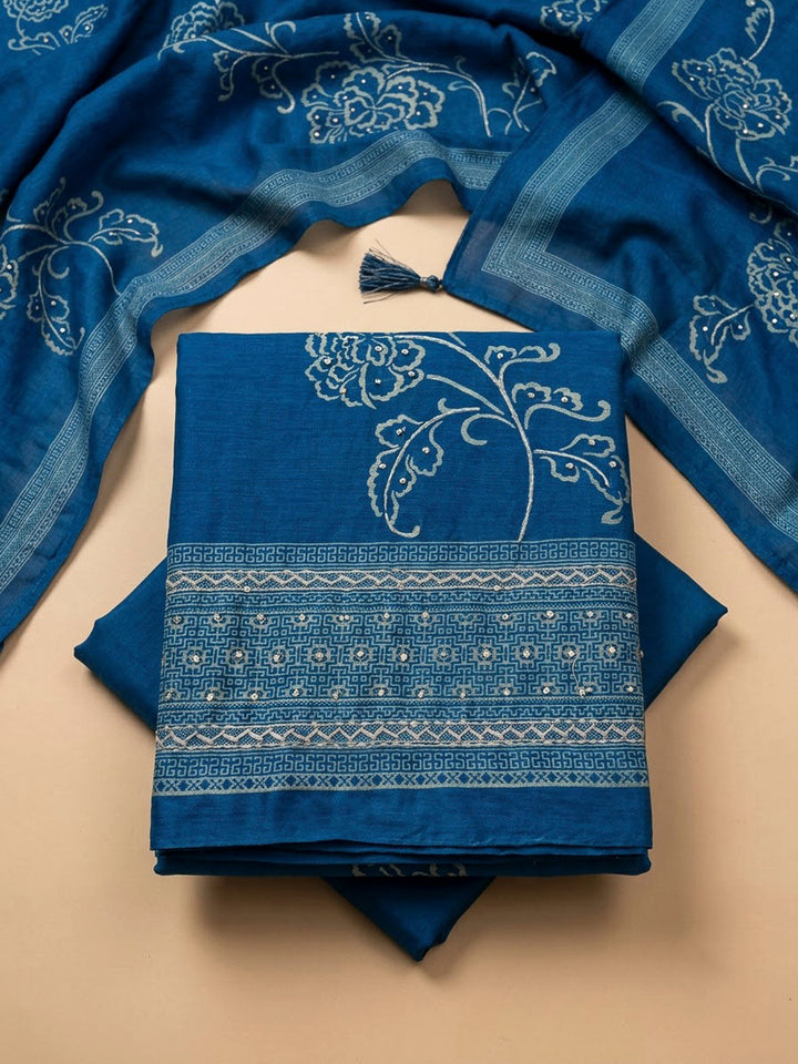 Blue Chanderi Printed Unstitched Dress Material