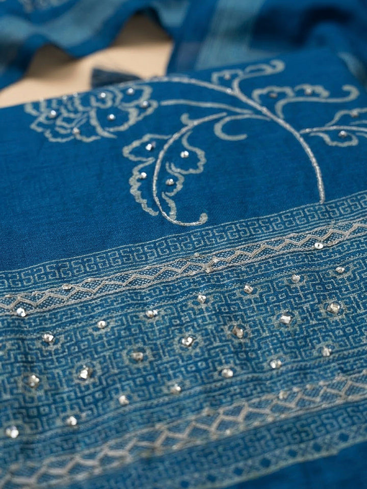 Blue Chanderi Printed Unstitched Dress Material