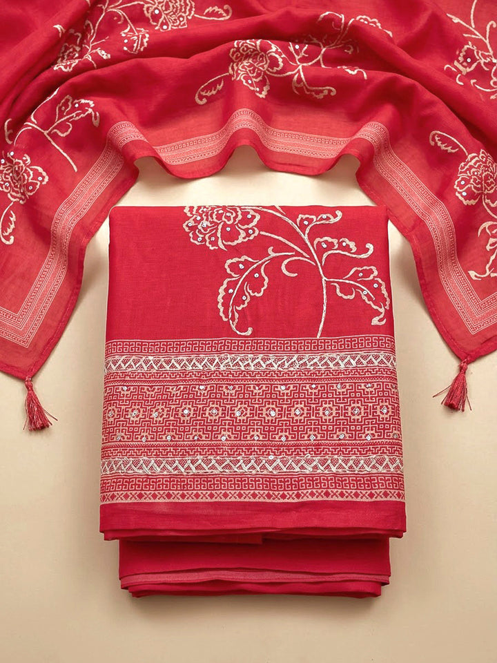 Hot Pink Chanderi Printed Unstitched Dress Material