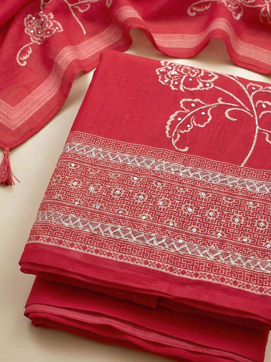 Hot Pink Chanderi Printed Unstitched Dress Material