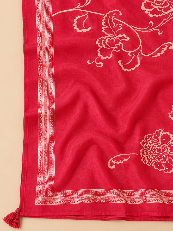Hot Pink Chanderi Printed Unstitched Dress Material