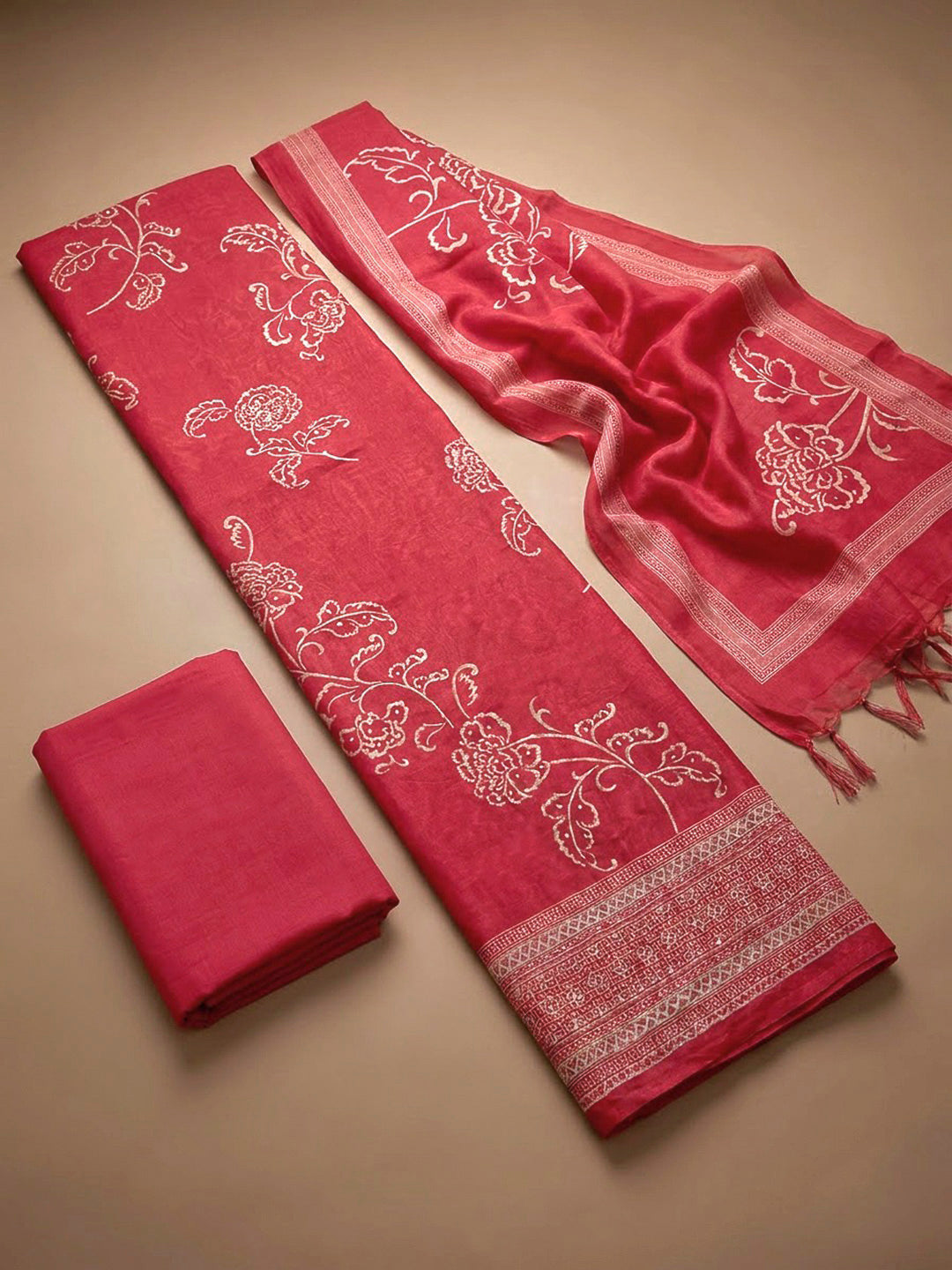 Hot Pink Chanderi Printed Unstitched Dress Material
