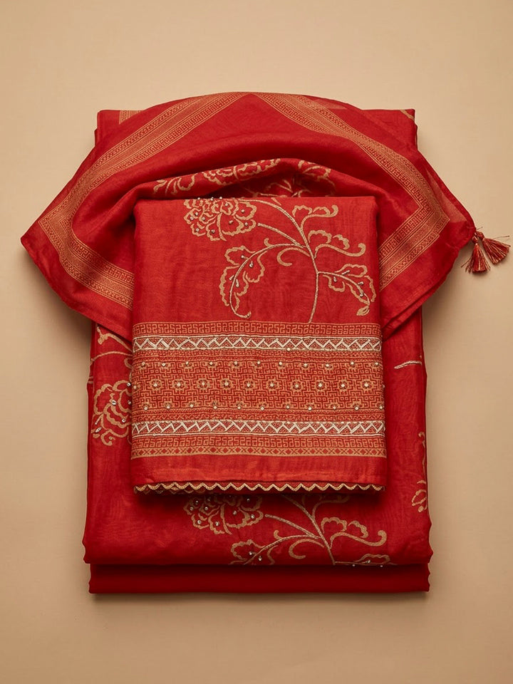 Orange Chanderi Printed Unstitched Dress Material