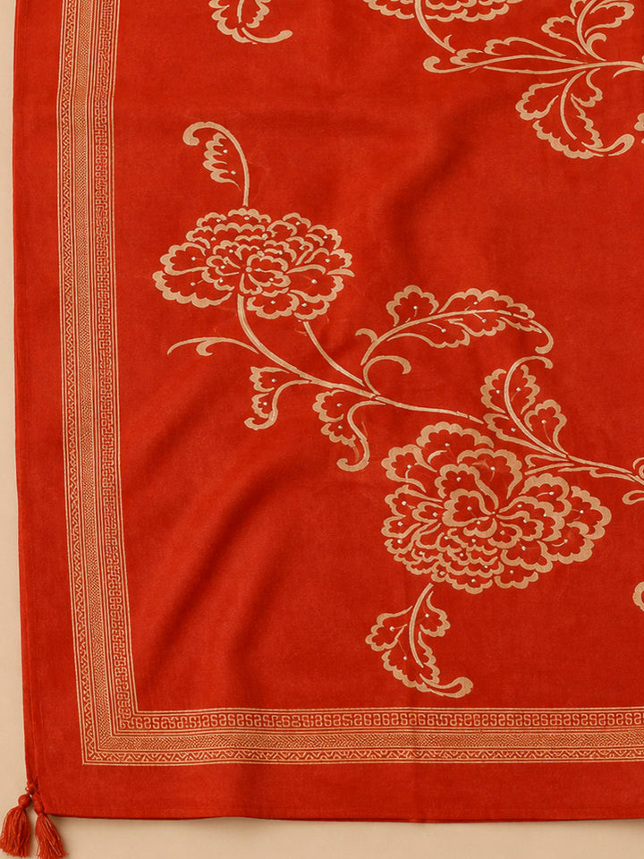 Orange Chanderi Printed Unstitched Dress Material