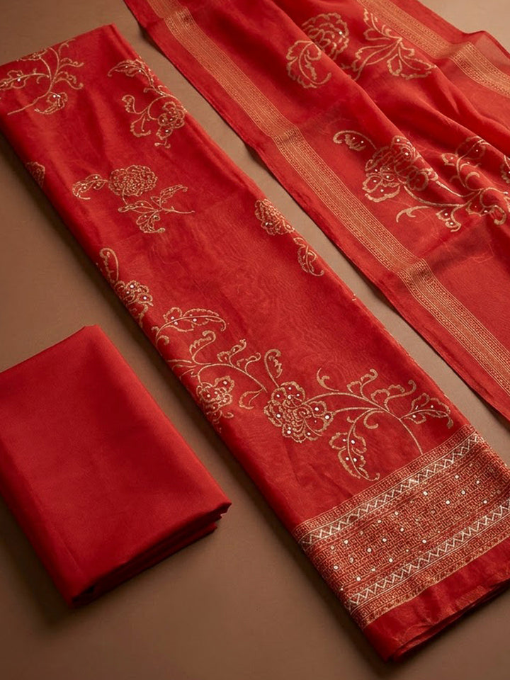 Orange Chanderi Printed Unstitched Dress Material