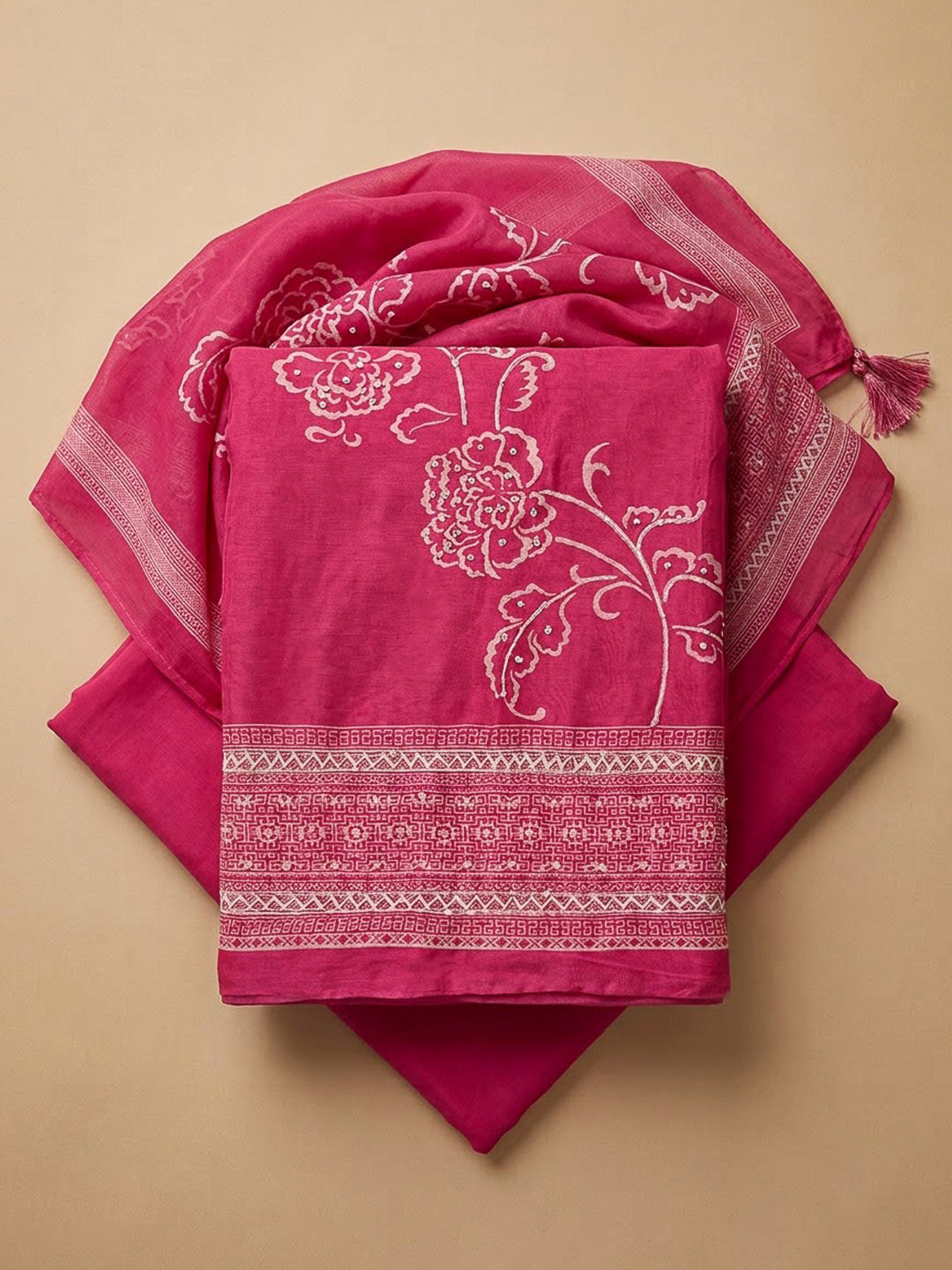 Pink Chanderi Printed Unstitched Dress Material