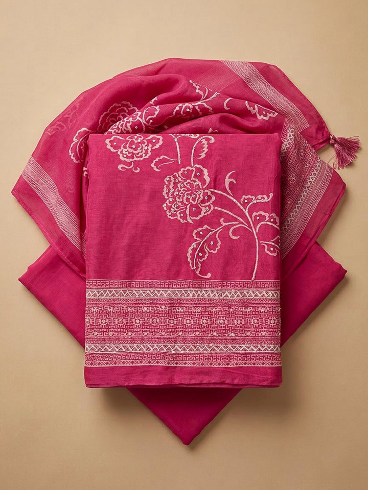 Pink Chanderi Printed Unstitched Dress Material
