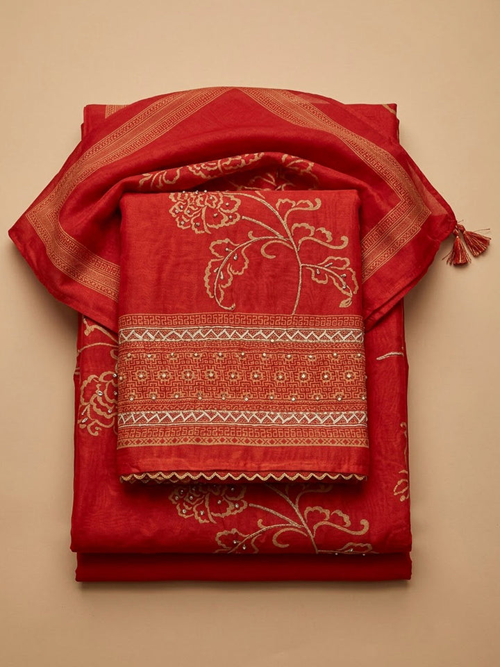 Red Chanderi Printed Unstitched Dress Material