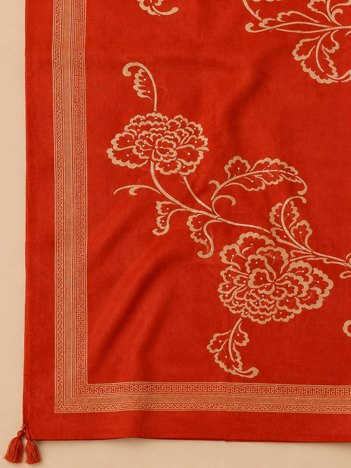 Red Chanderi Printed Unstitched Dress Material