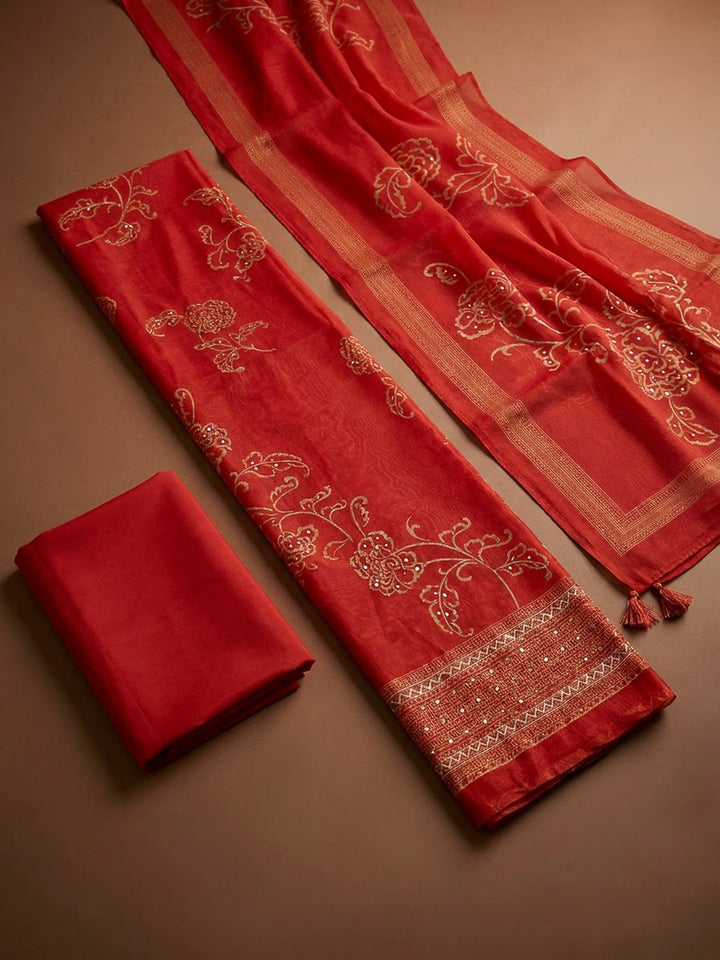 Red Chanderi Printed Unstitched Dress Material
