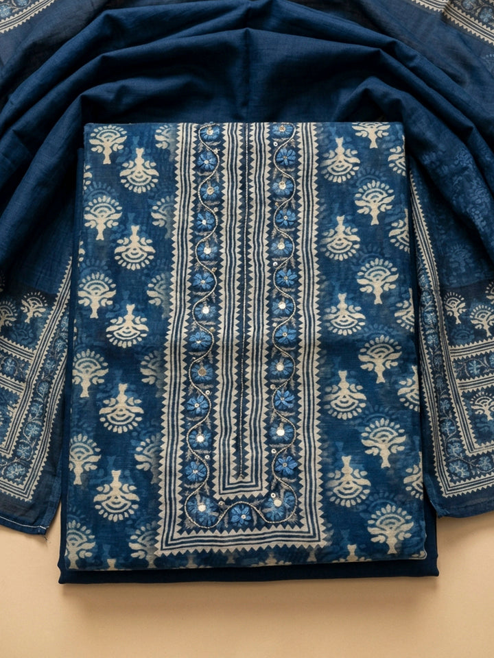 Indigo Printed Chanderi Unstitched Dress Material
