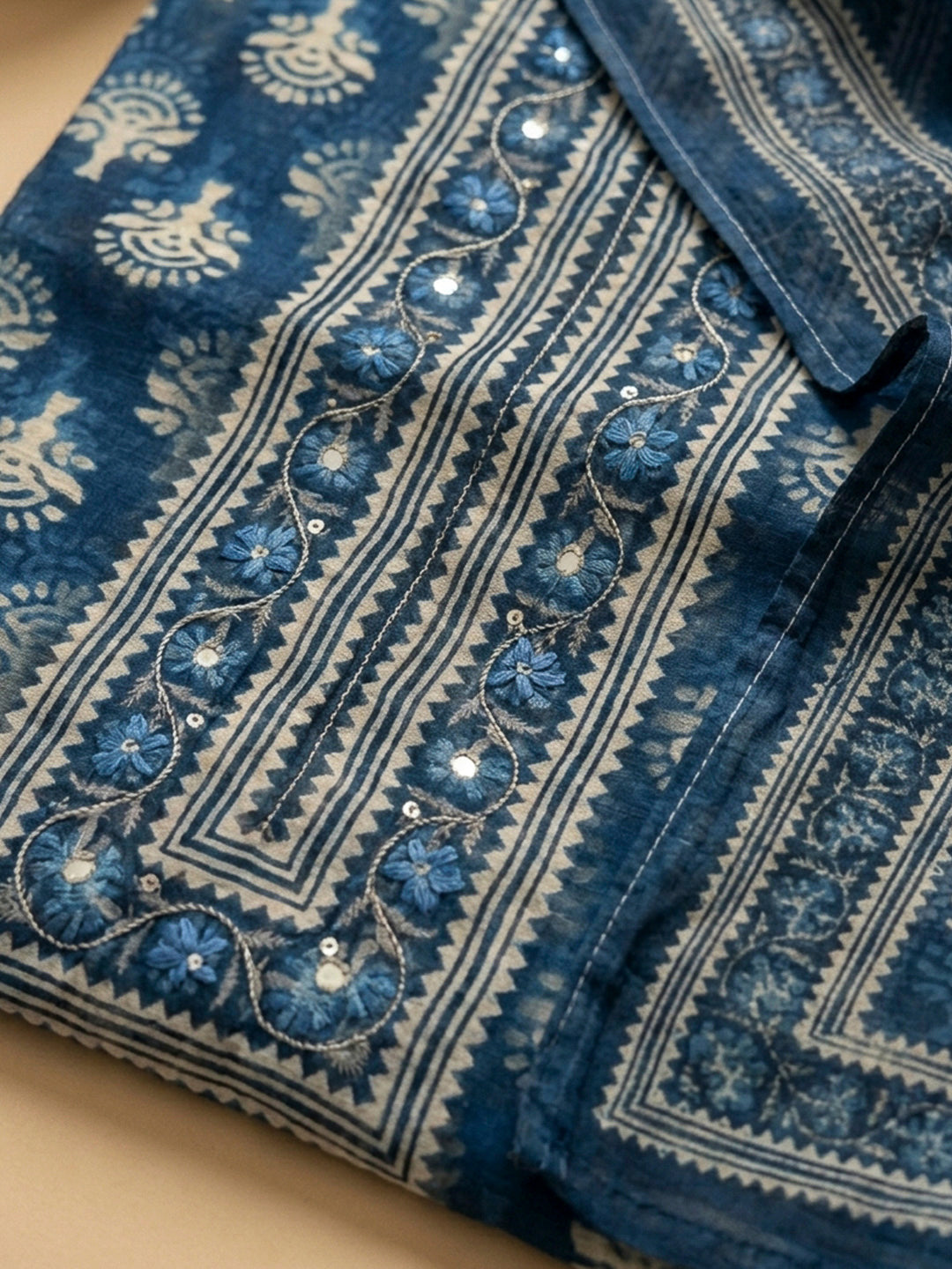 Indigo Printed Chanderi Unstitched Dress Material
