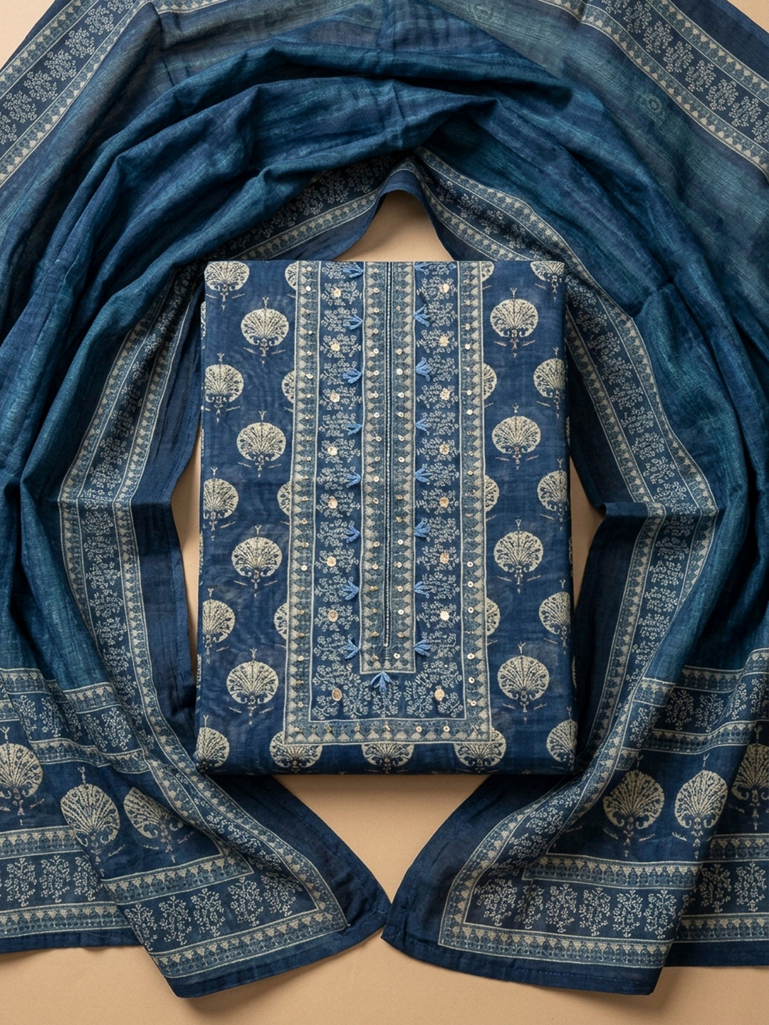 Indigo Printed Chanderi Unstitched Dress Material