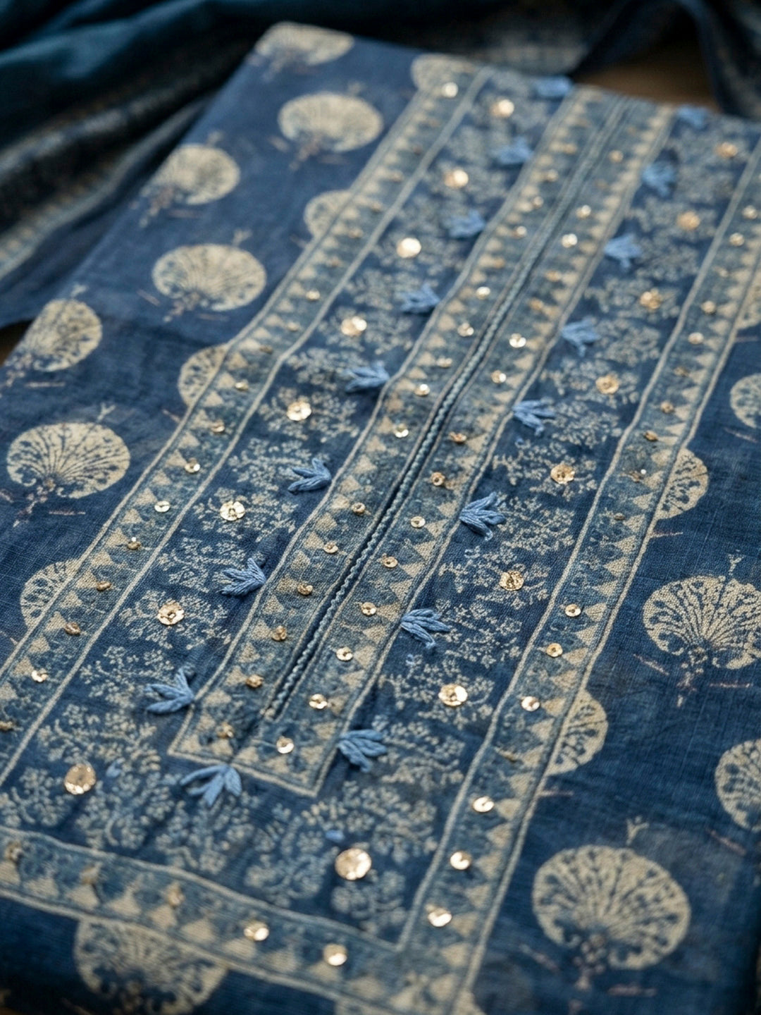 Indigo Printed Chanderi Unstitched Dress Material