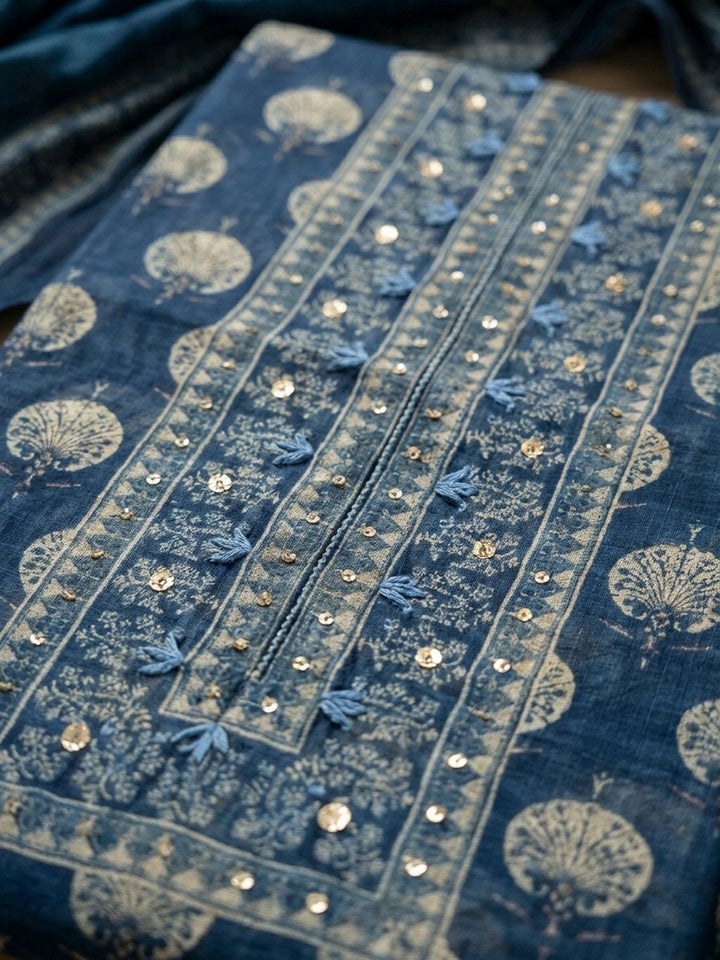 Indigo Printed Chanderi Unstitched Dress Material