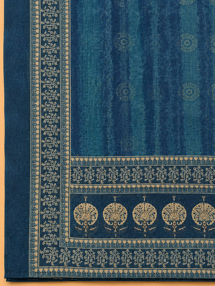 Indigo Printed Chanderi Unstitched Dress Material