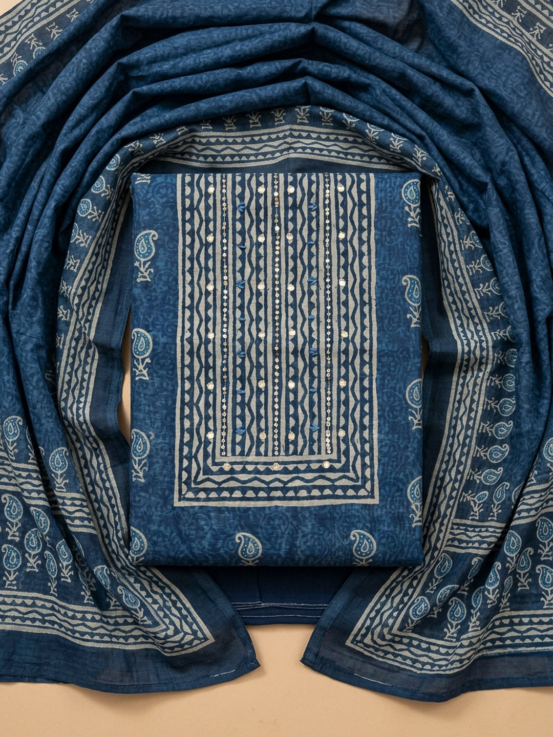 Indigo Printed Chanderi Unstitched Dress Material