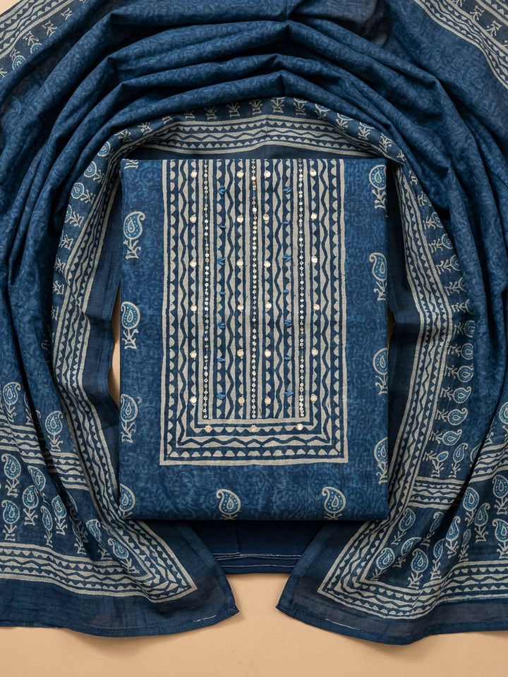 Indigo Printed Chanderi Unstitched Dress Material