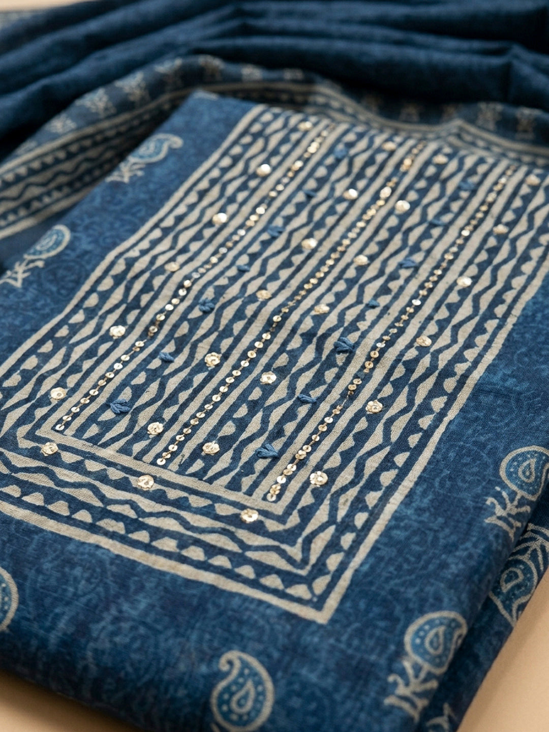 Indigo Printed Chanderi Unstitched Dress Material